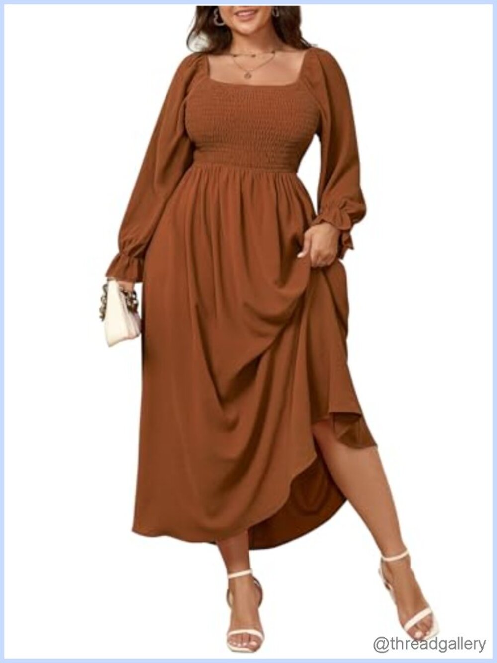Plus Size Maxi Dress Long Sleeve Square Neck Smocked A-Line Flowy